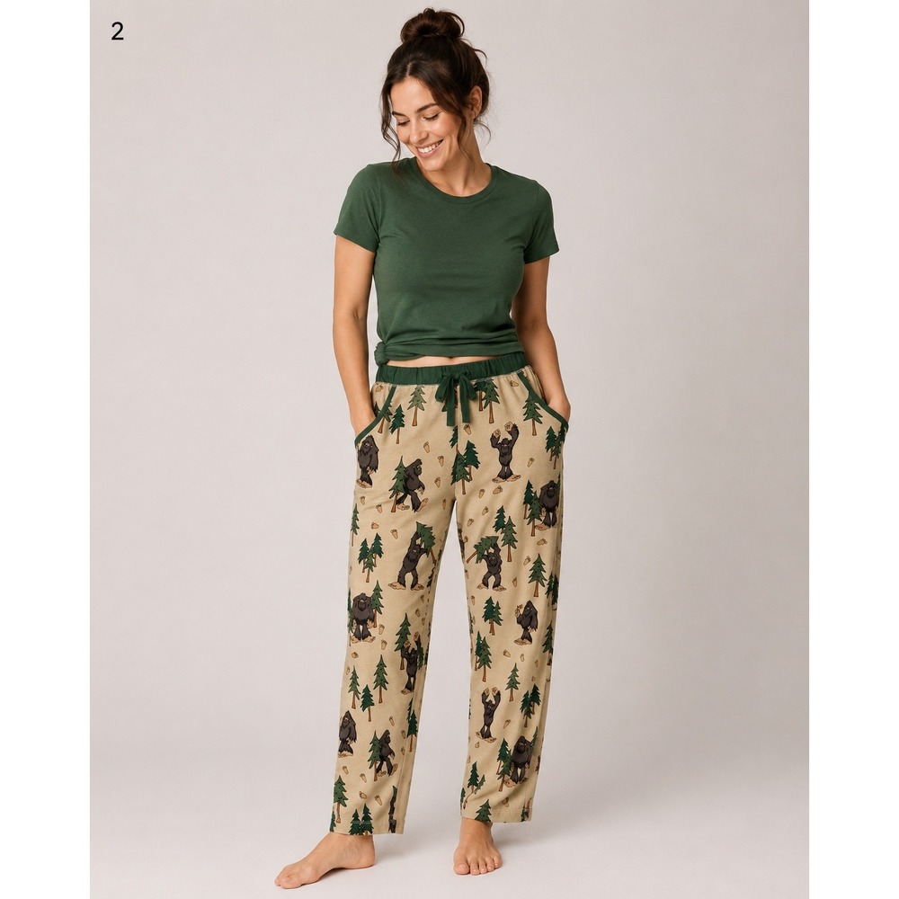 Lazy One Squatch Family Pajama Pants Womens S Tan Bigfoot Pine Tree Cotton NWT